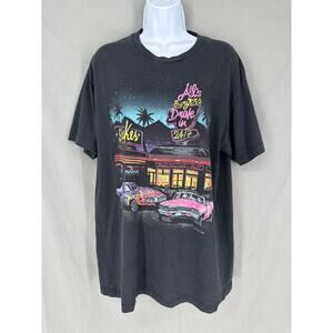 John Galt Top Black Graphic Tee Drive In Diner Cars Retro Oversized One Size